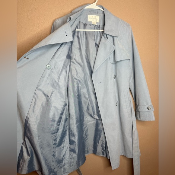 Vtg Worthington Dusty Blue Trench Coat Size Small Petite Belted Double Breasted - Picture 3 of 15
